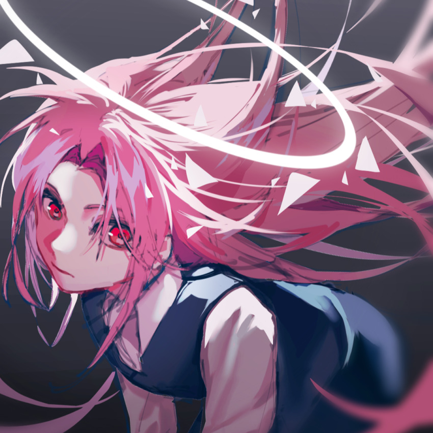 1boy black_pants black_vest blurry blurry_foreground chinese_commentary closed_mouth collared_shirt commentary_request gradient_background grey_background hatsutori_hajime ling_zhiyun long_hair long_sleeves male_focus pants parted_bangs pink_hair red_eyes saibou_shinkyoku shirt solo vest white_shirt