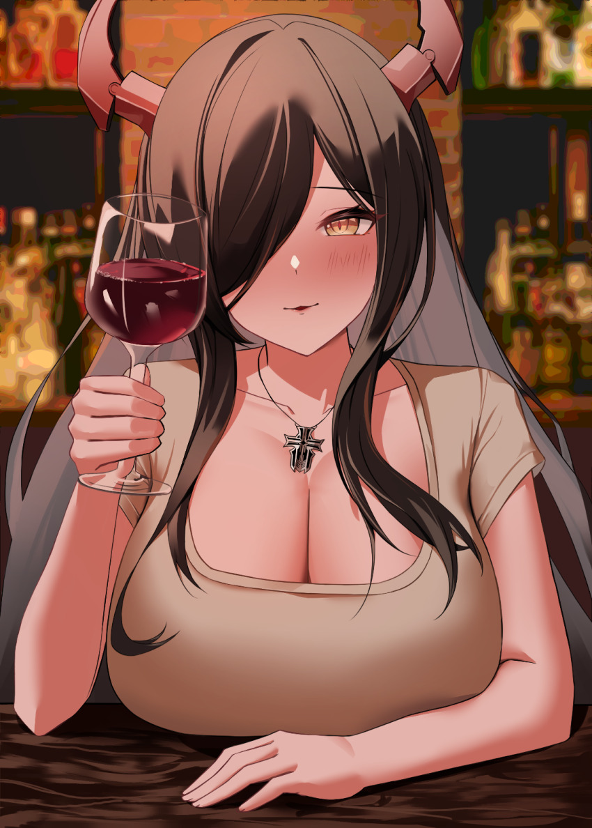 1girl azur_lane bar_(place) black_hair breasts brown_shirt casual cleavage collarbone commentary cup drinking_glass friedrich_der_grosse_(azur_lane) hair_over_one_eye highres holding holding_cup horns huge_breasts indoors iron_blood_(emblem) jewelry long_hair looking_at_viewer mechanical_horns necklace pov_across_table pov_dating red_horns shirt short_sleeves solo table upper_body wine_glass wooden_table wynnblue yellow_eyes