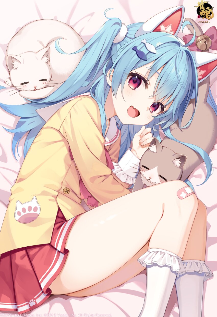 1girl absurdres ahoge animal_ears bandaid bandaid_on_knee bandaid_on_leg bell blue_hair buttons cat copyright_name double-breasted fake_animal_ears fang feet_out_of_frame fish_hair_ornament frilled_socks frills hair_ornament highres igarashi_haruna logo long_hair looking_at_viewer lying mahjong_soul miniskirt muririn official_art on_side one_side_up open_mouth pleated_skirt red_eyes red_skirt sailor_collar second-party_source shirt skin_fang skirt smile socks solo tail tail_bell tail_ornament watermark white_socks yellow_shirt