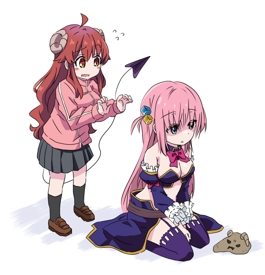 2girls ahoge blue_eyes bocchi_the_rock! breasts company_connection cosplay costume_switch crisis_management_form_(machikado_mazoku) crossover cube_hair_ornament demon_tail flying_sweatdrops gotoh_hitori gotoh_hitori_(cosplay) hair_ornament highres horns jacket large_breasts lilith_(machikado_mazoku) long_hair machikado_mazoku multiple_girls n88_colpla orange_eyes pink_hair red_hair seiza shaded_face sitting tail thighhighs track_jacket white_background yoshida_yuuko_(machikado_mazoku) yoshida_yuuko_(machikado_mazoku)_(cosplay)