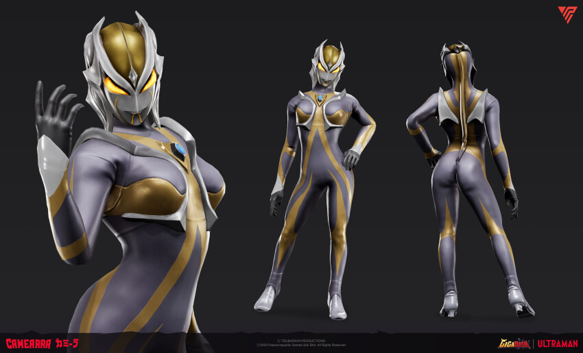 1girl absurdres alien ass bad_tag breasts breasts_apart camearra chest_jewel cross_promotion crossover curvy full_body gem gem_on_head giant giantess gigabash glowing glowing_eyes hand_on_own_hip high_heels highres lithe looking_at_viewer medium_breasts no_humans official_art passion_republic_games petite promotional_art seijin simple_background supervillain transparent_background tsuburaya_productions ultra_series ultraman_tiga:_the_final_odyssey ultraman_tiga_(series) yellow_eyes