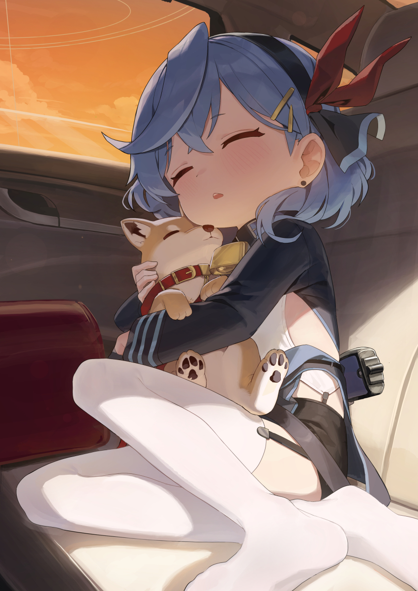 1girl absurdres aged_down ako_(blue_archive) animal bada_(jksh5056) bell blue_archive blue_hair blush car_interior dog hair_between_eyes hair_ornament highres holding holding_animal holding_dog neck_bell puppy shiba_inu sideless_outfit sideless_shirt thighhighs
