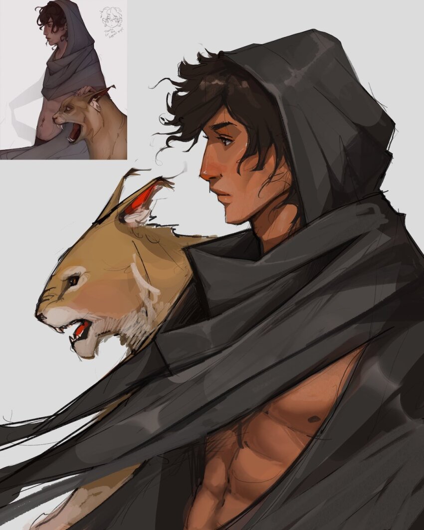 abs black_cloak black_eyes black_hair black_scarf cloak cougar dark-skinned_male dark_skin from_side highres hood hood_up messy_hair nipples original pectorals reference_inset sam_yang scarf short_hair