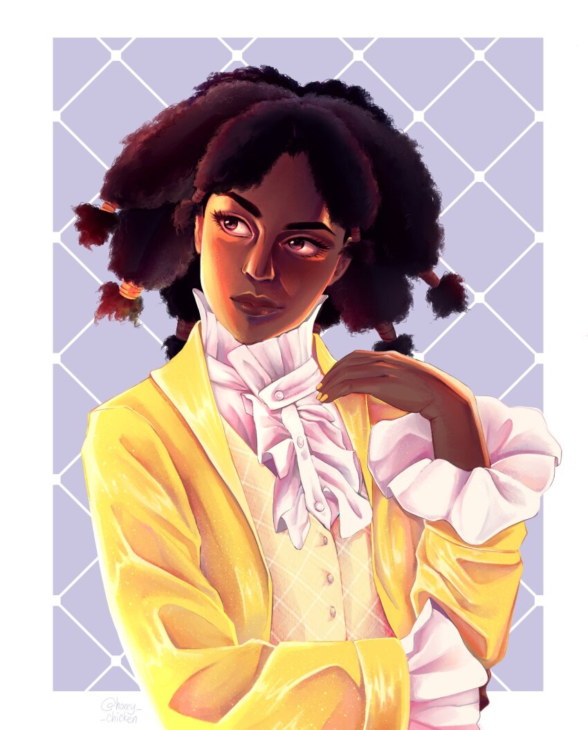 1girl argyle_background argyle_clothes brown_eyes brown_hair canary_(hunter_x_hunter) collared_shirt dark-skinned_female dark_skin european_clothes formal_clothes frilled_sleeves frills hair_tie highres honey_chicken hunter_x_hunter jacket long_hair long_sleeves looking_to_the_side nail_polish shirt smile solo upper_body very_dark_skin vest waistcoat white_shirt yellow_jacket yellow_nails