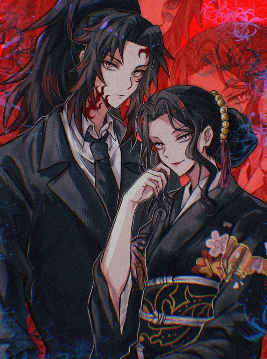 1boy 1girl black_hair black_kimono demon_boy demon_girl facial_mark formal_clothes highres japanese_clothes kibutsuji_muzan kibutsuji_muzan_(female) kimetsu_no_yaiba kimono kokushibou long_hair long_sleeves looking_at_viewer ponytail red_eyes suit yuxianchen