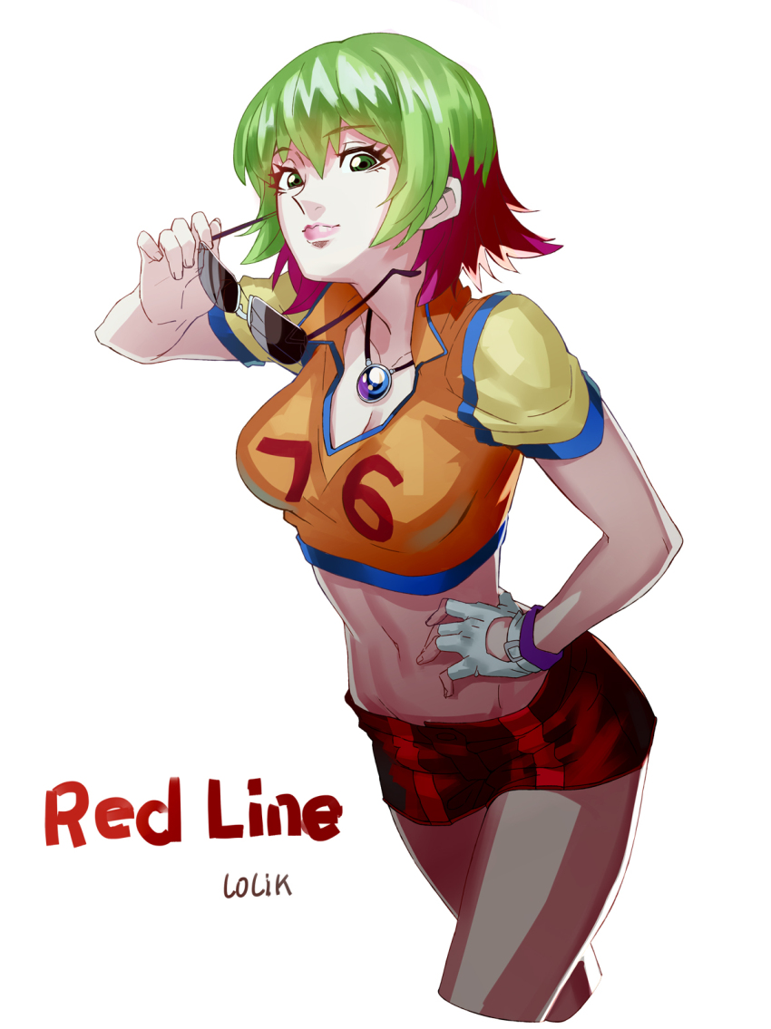 1girl artist_name breasts cleavage commentary copyright_name english_commentary fingerless_gloves gloves highres jewelry l.k multicolored_hair necklace redline short_hair shorts simple_background single_fingerless_glove solo sonoshee_mclaren sunglasses two-tone_hair white_background