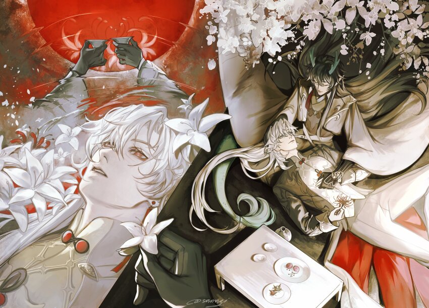 2boys absurdres aqua_horns black_gloves black_hair blade_(honkai:_star_rail) blank_stare caress closed_eyes coat coffin commentary dan_feng_(honkai:_star_rail) dan_heng_(honkai:_star_rail) dan_heng_(imbibitor_lunae)_(honkai:_star_rail) dragon_horns expressionless flower gloves hair_between_eyes hair_down hand_on_another&#039;s_head highres holding holding_flower holding_hands honkai:_star_rail honkai_(series) horns in_water lap_pillow long_hair long_sleeves looking_up lying lying_on_lap male_focus moon mourning multiple_boys multiple_views no_pupils on_back parted_bangs parted_lips partially_colored plate red_eyes red_flower red_moon red_theme ripples spider_lily ssanagi00 symbol-only_commentary toasting_(gesture) too_many_flowers tree under_tree very_long_hair white_flower white_hair white_lily wide_sleeves yaoi yingxing_(honkai:_star_rail)