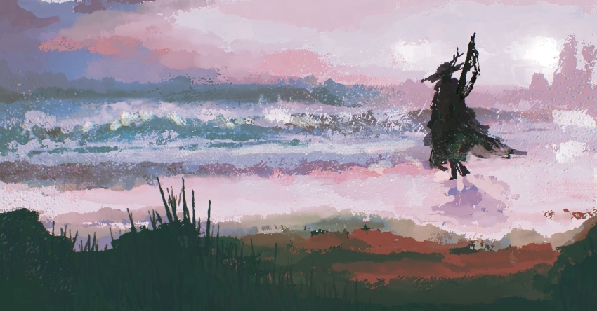1girl abstract final_fantasy final_fantasy_xiv hat lno408 ocean outdoors painterly pink_sky reaper_(final_fantasy) scenery shore silhouette sky solo standing wide_shot zero_(ff14)