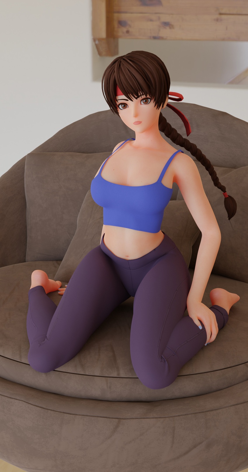 1girl barefoot braid braided_ponytail breasts brown_eyes brown_hair couch female_focus frostedzai frostedzaibatsu frostedzainsfw headband leggings long_hair looking_at_viewer medium_breasts pale_skin pants shirt sitting spandex tank_top the_king_of_fighters thighs wide_hips yoga_pants yuri_sakazaki