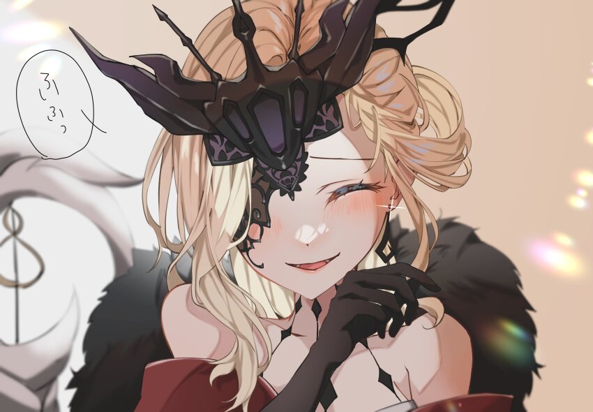 1girl ^_^ absurdres bare_shoulders black_gloves black_mask blonde_hair closed_eyes delusion_(genshin_impact) earrings elbow_gloves fur_trim genshin_impact gloves highres jewelry lace-trimmed_eyepatch long_hair mask mask_over_one_eye moderate_gold one_eye_covered open_mouth signora_(genshin_impact) single_earring smile solo