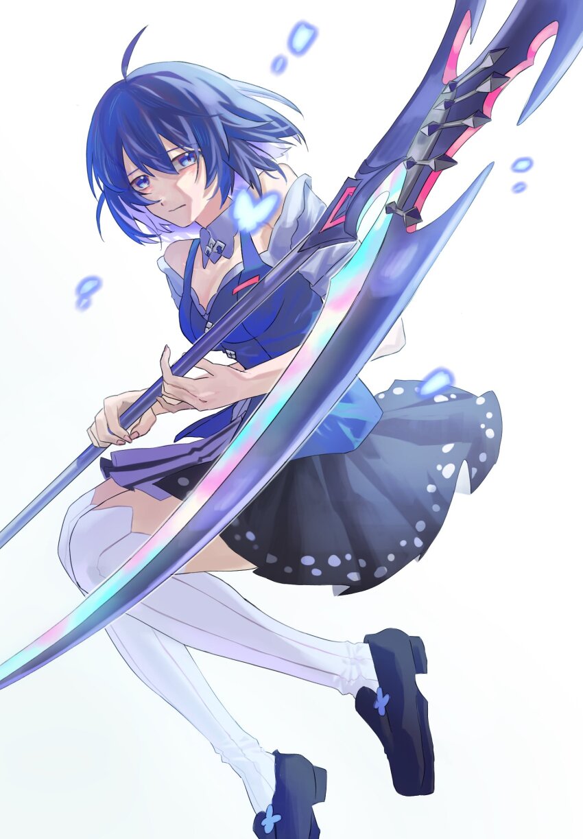 1girl black_footwear black_hair black_skirt blue_butterfly blue_eyes blue_hair blue_vest bug butterfly closed_mouth collar commentary detached_collar duoyun_de_tiankong foot_out_of_frame hair_between_eyes highres holding holding_scythe honkai_(series) honkai_impact_3rd insect kneehighs multicolored_hair scythe seele_vollerei seele_vollerei_(azure_memories) seele_vollerei_(swallowtail_phantasm) shirt short_hair simple_background skirt socks solo vest white_background white_collar white_shirt white_socks