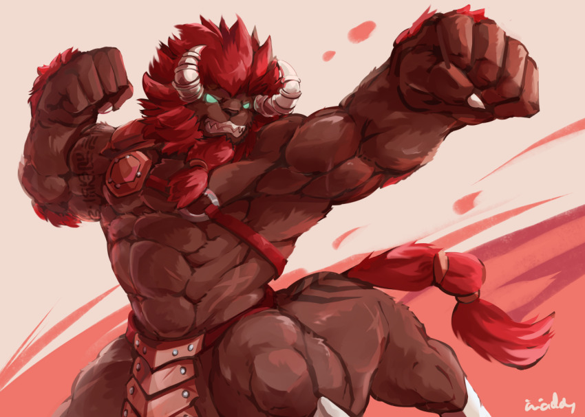 1boy abs artist_name bara centaur claws clenched_teeth commentary english_commentary facing_viewer flexing furry furry_male horns lynel male_focus mane muscular muscular_male nintendo pectorals sharp_teeth tail taur teeth the_legend_of_zelda the_legend_of_zelda:_breath_of_the_wild topless_male waddledox_(waddy)