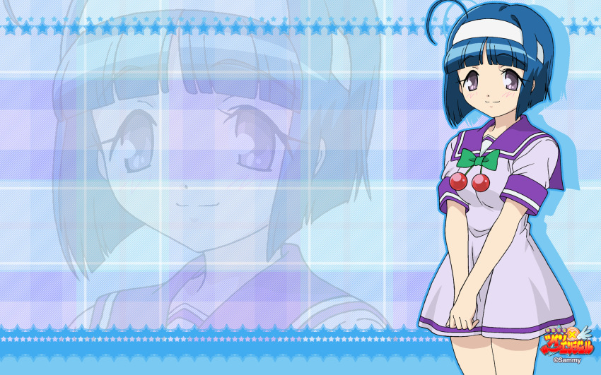 1girl ahoge bare_legs blue_background blue_hair blue_theme blunt_ends bob_cut bow bowtie breasts cherry_ornament closed_mouth commentary company_name copyright_name cowboy_shot curled_fingers cut_bangs dress green_bow green_bowtie grid_background hairband highres inverted_bob kaitou_tenshi_twin_angel kannazuki_aoi large_breasts legs_together looking_at_viewer official_art pleated_dress puffy_short_sleeves puffy_sleeves purple_dress purple_eyes purple_sailor_collar purple_serafuku sailor_collar school_uniform second-party_source serafuku short_dress short_hair short_sleeves sleeve_cuffs smile solo split_mouth standing star_(symbol) star_symbol_background summer_uniform tareme twin_angel v_arms white_hairband zoom_layer