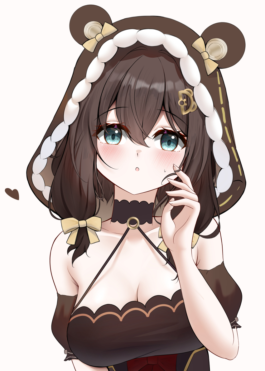 1girl :o absurdres animal_ears bare_shoulders bear_ears bear_girl blue_eyes blush brown_hair brown_hood dot_nose hair_ornament hair_tie heart highres hood knosdeba large_variant_set strinova variant_set yvette_(strinova)