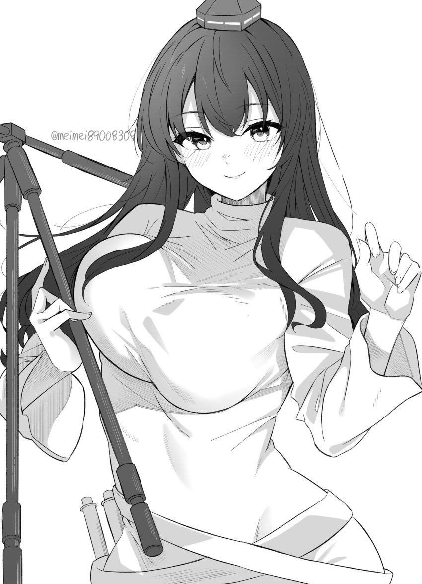 1girl black_hair blush breasts hair_between_eyes hat highres holding holding_tripod iizunamaru_megumu large_breasts long_hair long_sleeves looking_at_viewer meimei_(meimei89008309) monochrome shirt smile solo tokin_hat touhou tripod upper_body white_background white_shirt