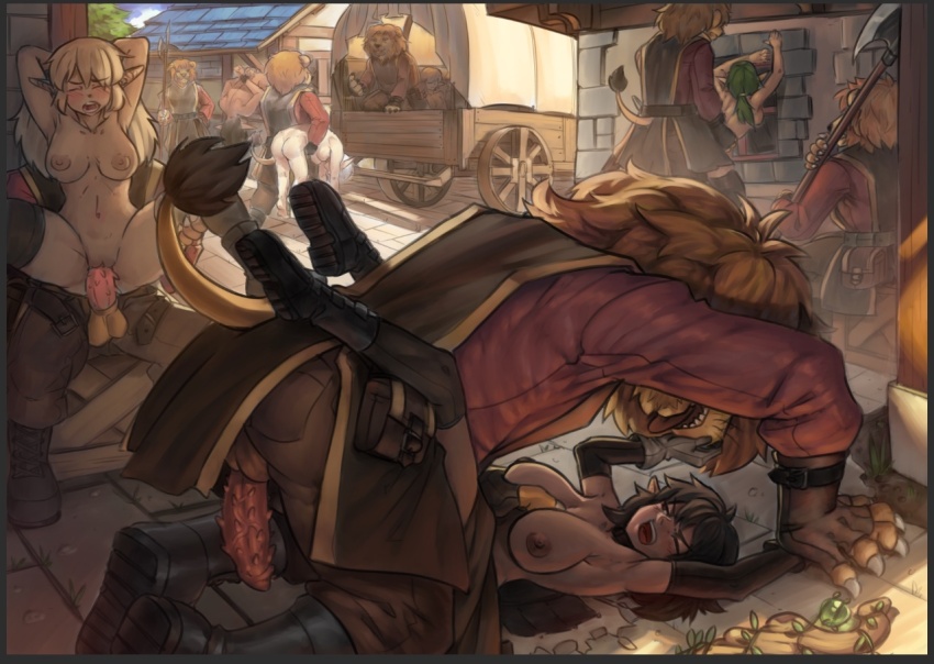 5girls 6+boys armpits ass axe black_boots black_gloves black_hair blonde_hair boots breasts brown_pants closed_eyes clothed_sex commentary completely_nude elbow_gloves english_commentary full_body furry furry_with_non-furry gloves green_hair halberd holding holding_polearm holding_weapon interspecies kidnapping large_breasts lion_boy lion_tail long_hair looking_at_another medium_breasts missionary multiple_boys multiple_girls nipples nude one_eye_closed open_mouth original outdoors pants pinned pointy_ears polearm puchirisu pussy rape red_shirt sex shirt short_hair spiked_penis tail uncensored weapon