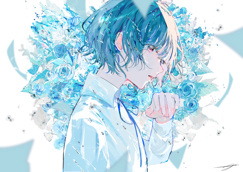 1girl absurdres blue_flower blue_hair blue_leaf blue_theme blue_tulip bouquet echeveria_(plant) emotions_2024 flower hagimorijia highres original pink_eyes protea_(flower) rose short_hair succulent_plant tulip upper_body