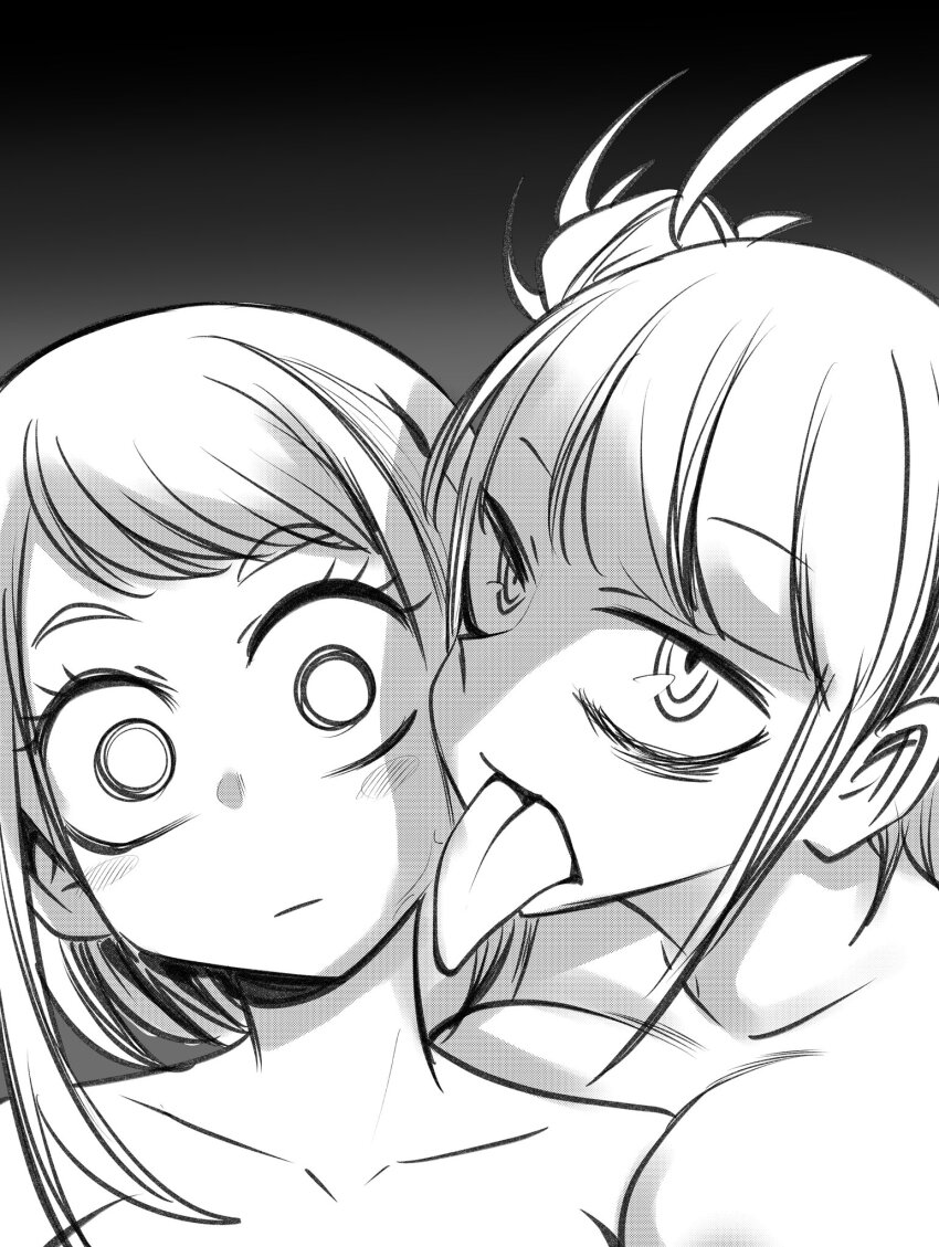 2girls arm_between_breasts arms_at_sides bags_under_eyes bare_shoulders blank_eyes blush_stickers boku_no_hero_academia breasts collarbone double_bun expressionless eyelashes facing_viewer hair_bun highres implied_nudity leaning_on_person licking_another&#039;s_face long_hair looking_at_viewer medium_breasts messy_hair monochrome multiple_girls neck no_bra nstime23 open_mouth parted_bangs short_hair_with_long_locks sidelocks slit_pupils standing swept_bangs toga_himiko tongue tongue_out topless_female topless_frame upper_body uraraka_ochako wide-eyed yuri