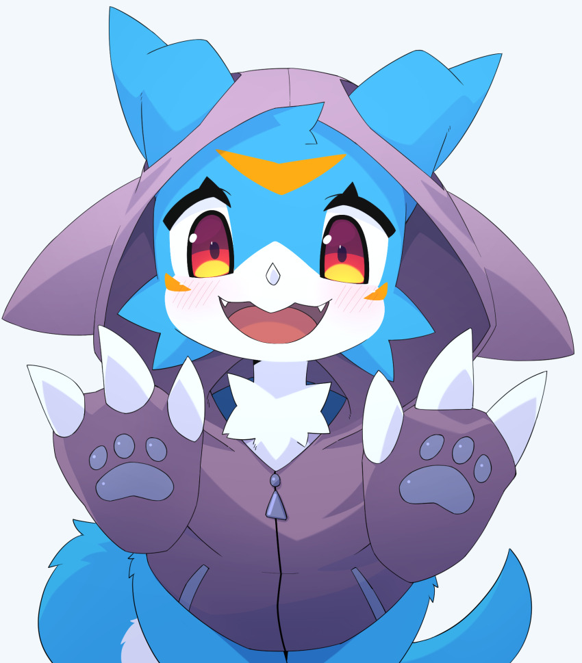 1other animal_ears animal_hands blue_background blue_fur blush body_fur bottomless claws cowboy_shot dev_voxy digimon digimon_(creature) ears_through_headwear facial_mark fangs forehead_mark furry hands_up happy highres hood hood_up hooded_jacket jacket leaning_forward looking_at_viewer open_mouth other_focus pawpads pocket purple_jacket red_eyes simple_background smile solo standing straight-on tail two-tone_fur v-mon white_fur zipper_pull_tab