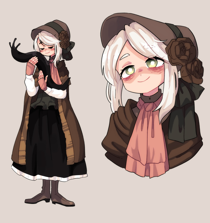 1girl ascot bags_under_eyes bloodborne blush bonnet boots brown_dress cape closed_mouth dress female_focus flower fromsoftware highres hunter_(great_one)_(bloodborne) parted_bangs plain_doll raburine red_ascot slug smile solo spoilers standing thick_eyebrows white_hair yellow_eyes