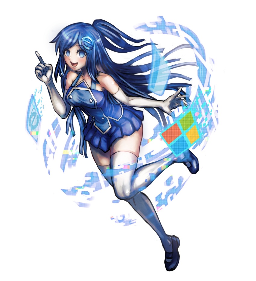 1girl :d bare_shoulders blue_dress blue_eyes blue_hair blush breasts collarbone commentary danganronpa_(series) dress elbow_gloves english_commentary female_focus floating full_body gloves hair_ornament hairclip hand_up highres index_finger_raised internet_explorer internet_explorer_(merryweather) internet_explorer_(webcomic) komatsuzaki_rui_(style) large_breasts leg_up long_hair looking_at_viewer minster_(dooke) open_mouth parody side_ponytail simple_background smile solo style_parody thighhighs white_background white_gloves white_thighhighs zettai_ryouiki