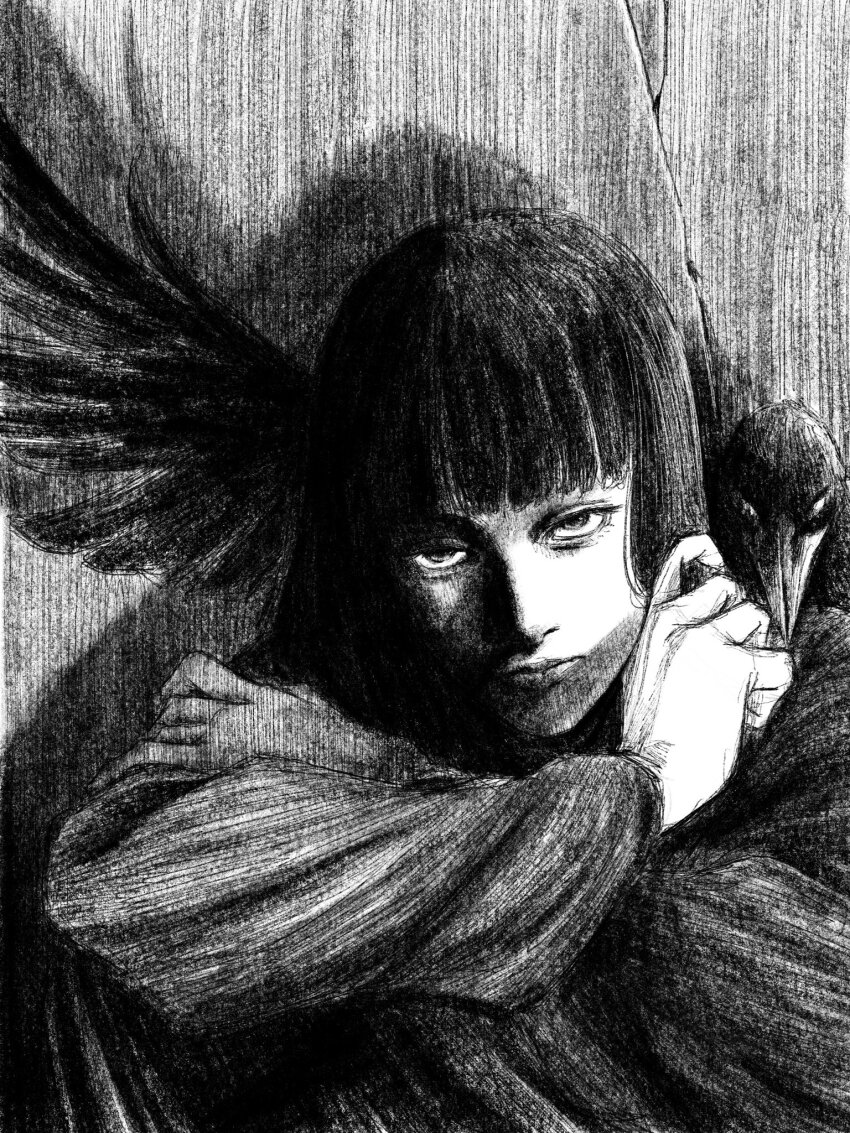 1girl against_wall animal_ears bird black_hair blunt_bangs crack cracked_wall crow greyscale highres hime_cut leaning_back long_hair looking_at_viewer monochrome original solo spread_wings tp_p_pt