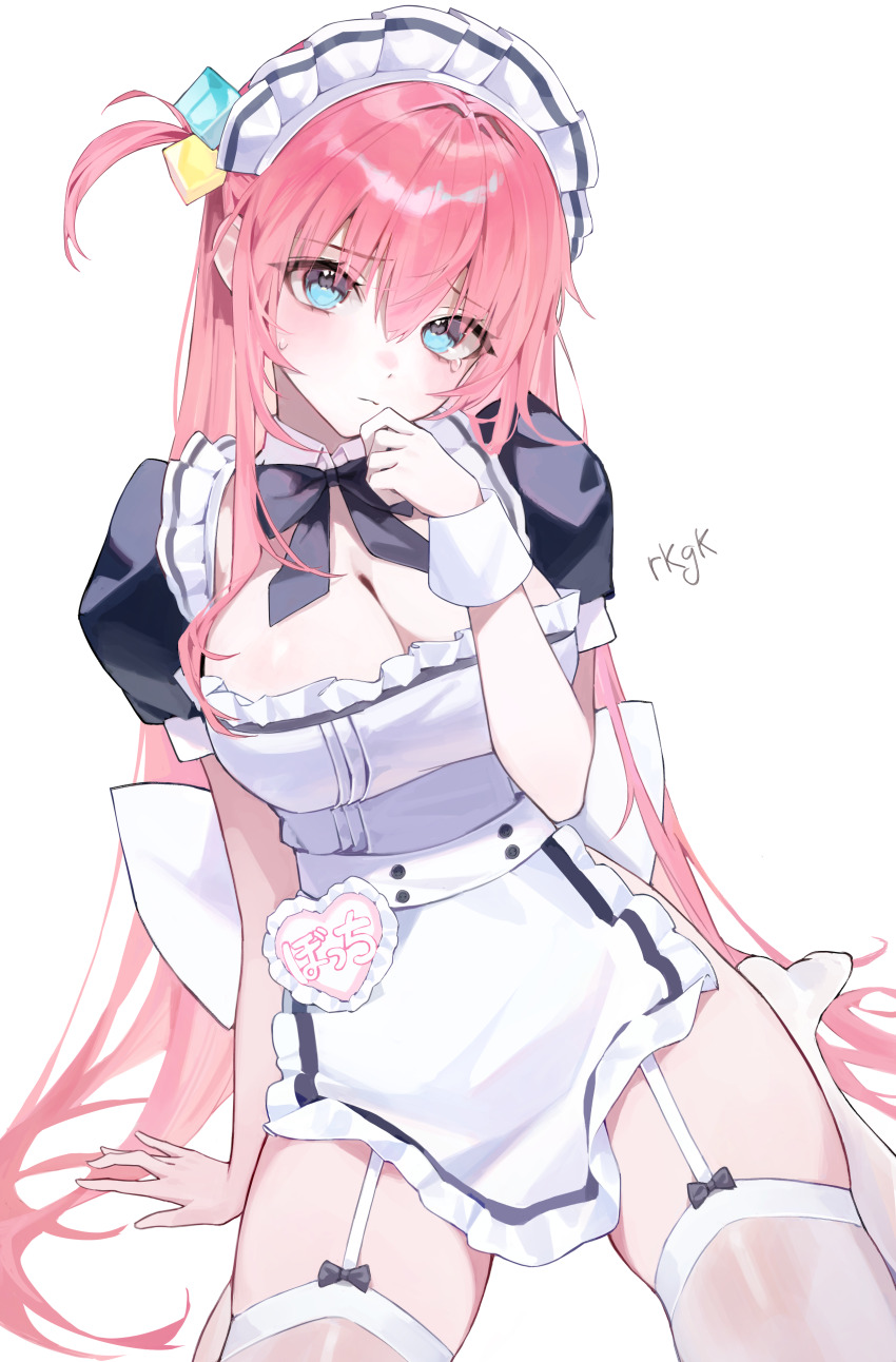 1girl absurdres apron black_bow black_bowtie blue_eyes blush bocchi_the_rock! bow bowtie breasts cleavage closed_mouth commentary_request cube_hair_ornament garter_straps gotoh_hitori hair_between_eyes hair_ornament highres large_breasts long_hair looking_at_viewer maid maid_apron maid_headdress myao_(myaodayone) one_side_up pink_hair puffy_short_sleeves puffy_sleeves short_sleeves sidelocks simple_background solo sweatdrop thighhighs white_apron white_background white_thighhighs