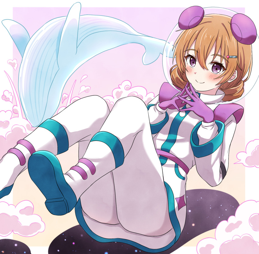 1girl blush boots brown_hair closed_mouth commentary_request diving_helmet fishbowl_helmet foot_out_of_frame gloves gradient_background hair_between_eyes hair_ornament hairclip helmet highres katanashi_(ktnsh_popu) konoe_kanata leggings long_sleeves looking_at_viewer love_live! love_live!_nijigasaki_high_school_idol_club love_live!_nijigasaki_high_school_idol_club_the_movie_-_finale medium_hair official_alternate_costume pink_background purple_eyes purple_gloves sidelocks smile solo split_mouth whale white_boots white_leggings yellow_background