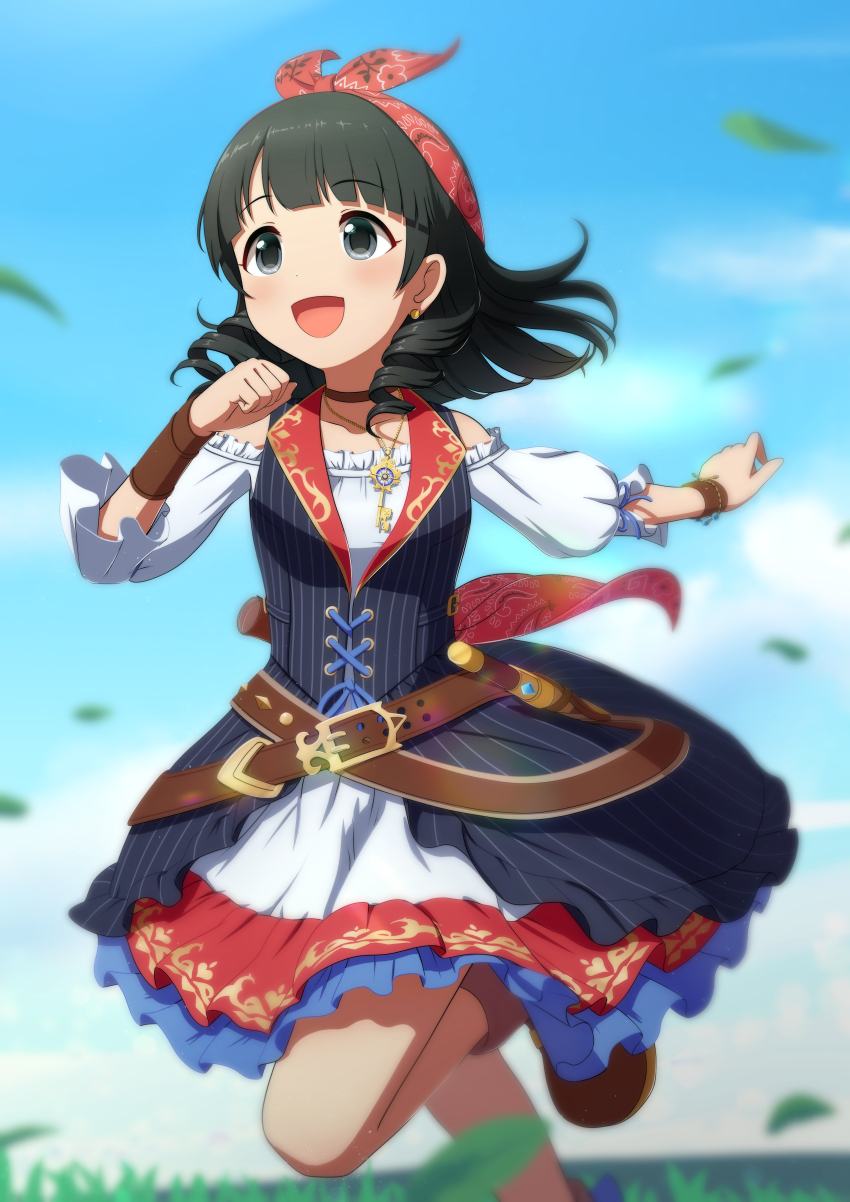 1girl absurdres black_dress black_hair blunt_bangs blurry blurry_background blurry_foreground blush boots cloud cloudy_sky dot_nose dress drill_hair falling_leaves grass hair_over_shoulder hair_ribbon highres idolmaster idolmaster_cinderella_girls idolmaster_cinderella_girls_starlight_stage jewelry key key_necklace knife layered_dress leaf long_hair long_sleeves looking_at_another necklace open_mouth piercing red_ribbon ribbon running sky smile solo ujiie_mutsumi user_csvs4722 wristband