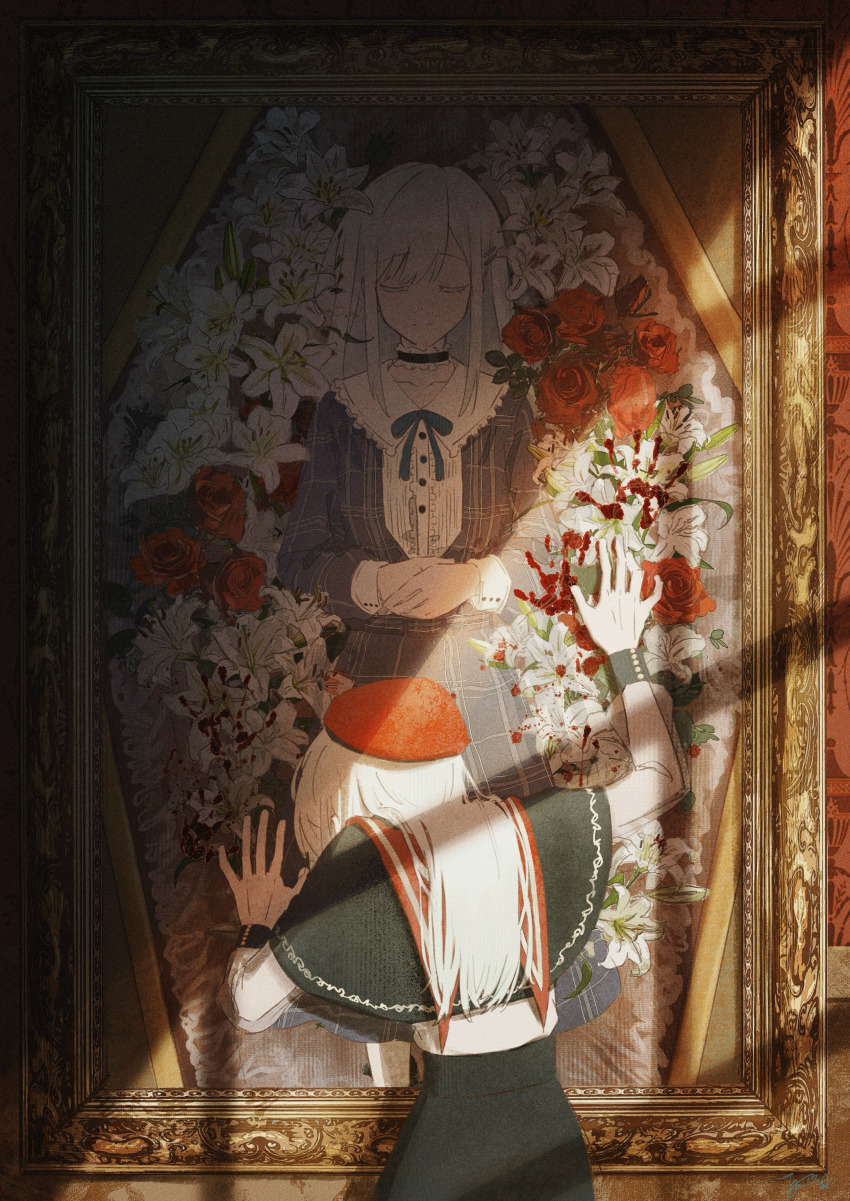 1girl absurdres bang_dream! bang_dream!_it&#039;s_mygo!!!!! black_capelet bloody_handprints blue_dress capelet chinese_commentary closed_eyes closed_mouth coffin commentary_request dress facing_away flower green_hair handprint haohao_xiuxi_bot hat highres indoors long_hair long_sleeves mortis_(bang_dream!) mortis_(costume)_(bang_dream!) mortis_(persona)_(bang_dream!) own_hands_together painting_(object) picture_frame plaid_clothes plaid_dress red_flower red_hat red_rose rose sidelocks solo wakaba_mutsumi white_lily window_shadow