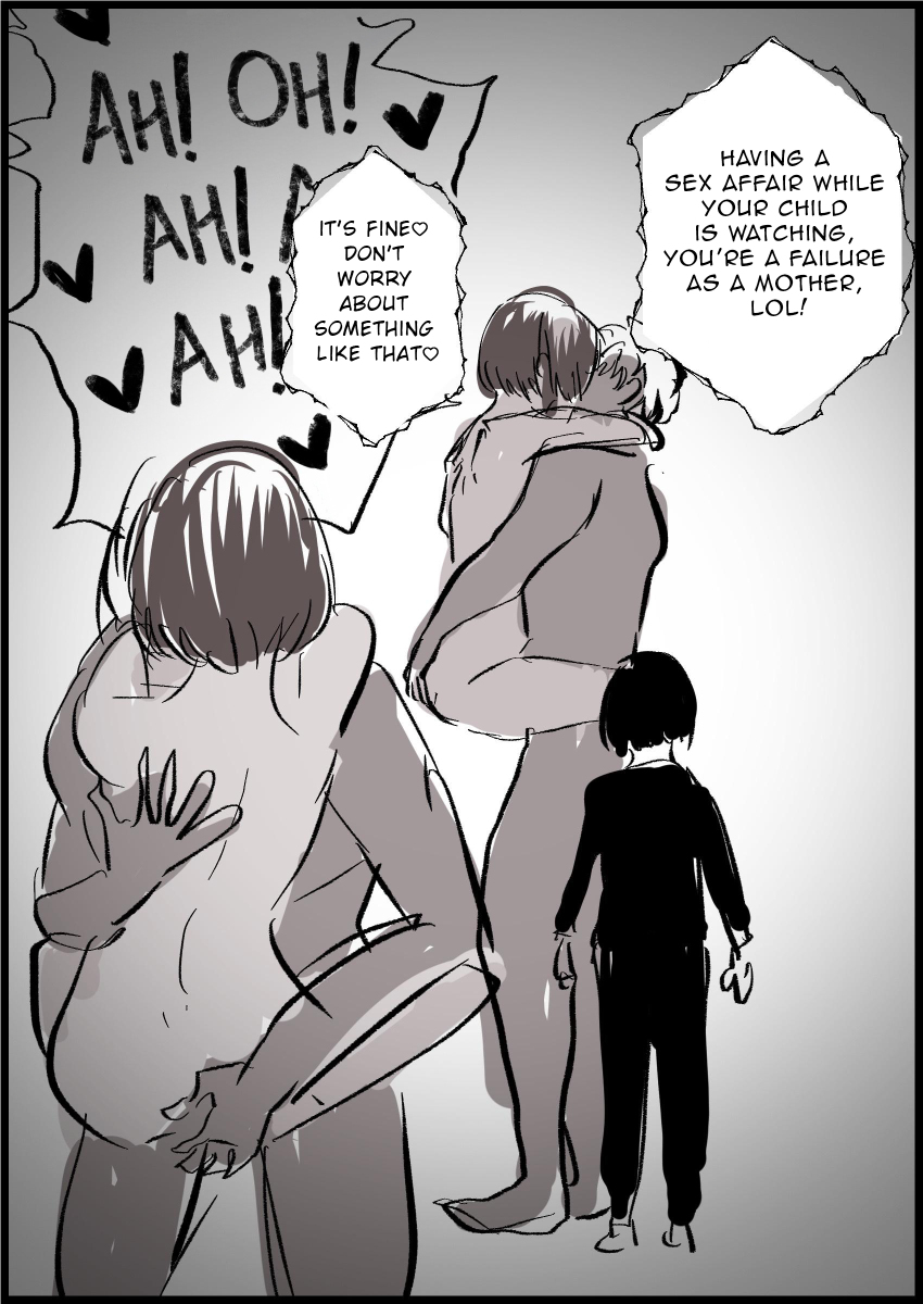 1girl 2boys bad_id bad_pixiv_id english_text hard-translated monochrome mother_and_son motherly_netorare multiple_boys netorare original sex third-party_edit translated
