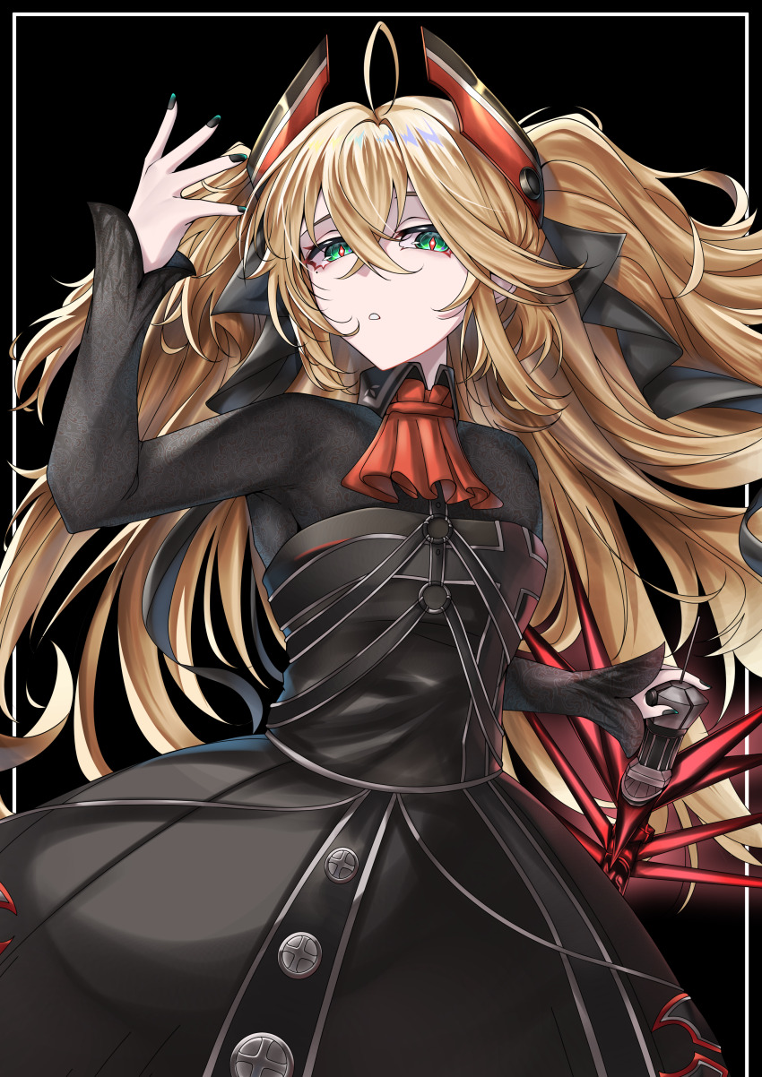 1girl absurdres admiral_hipper_(azur_lane) admiral_hipper_(meta)_(azur_lane) ascot azur_lane black_dress black_nails blonde_hair collared_dress commentary curly_hair diamond-shaped_pupils diamond_(shape) dress english_commentary expressionless green_eyes hair_between_eyes hand_up head_tilt headgear highres holding holding_staff junedxu long_hair looking_at_viewer nail_polish o-ring_dress parted_lips red_ascot red_pupils solo staff standing symbol-shaped_pupils very_long_hair