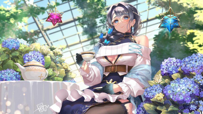 1girl absurdres belt black_dress blue_butterfly blue_eyes blue_flower braid breasts brown_belt bug butterfly chain cleavage_cutout closed_mouth clothing_cutout cup dated dress earrings flower gloves gold_chain gold_trim hair_intakes highres holding holding_cup holding_saucer indie_virtual_youtuber insect izumi_michiru jewelry long_sleeves mole mole_under_mouth round_eyewear saucer signature sitting smile solo table takebi teacup teapot thighhighs virtual_youtuber