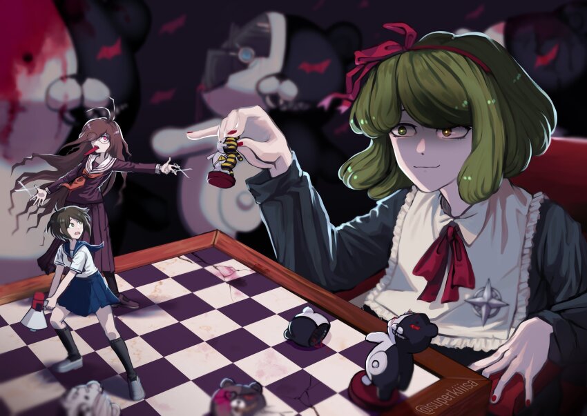 3girls absurdres ahoge antenna_hair black_socks blood blue_sailor_collar blue_skirt blurry broken brown_hair chessboard closed_mouth commentary crack danganronpa_(series) danganronpa_another_episode:_ultra_despair_girls dual_wielding english_commentary eyelashes fukawa_toko genocider_shou glasses green_eyes green_hair grey_shoes hair_over_one_eye hair_ribbon highres holding holding_figure holding_megaphone holding_scissors holding_weapon kneehighs kurokuma_(danganronpa) lily_(superkiiisa) long_skirt long_sleeves long_tongue megaphone messy_hair mini_person minigirl monokuma multiple_girls naegi_komaru nail_polish neck_ribbon neckerchief open_mouth purple_serafuku purple_shirt purple_shoes purple_skirt red_eyes red_nails red_neckerchief red_ribbon ribbon robot round_eyewear sailor_collar school_uniform scissors serafuku shirokuma_(danganronpa) shirt shoes short_hair short_sleeves siren_monokuma sitting skirt skirt_set smile socks standing teeth tongue tongue_out towa_monaca twitter_username upper_teeth_only weapon white_sailor_collar white_shirt