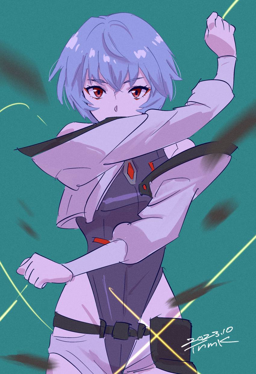 1girl absurdres artist_name ayanami_rei belt belt_pouch black_belt blue_hair breasts clenched_hand commentary cosplay cowboy_shot cropped_jacket cyberpunk_(series) cyberpunk_edgerunners dated eyeliner fighting_stance film_grain green_background hair_between_eyes heattech_leotard highleg highleg_leotard highres jacket leotard looking_at_viewer lowleg lowleg_shorts lucy_(cyberpunk) lucy_(cyberpunk)_(cosplay) makeup medium_breasts monowire motion_blur neon_genesis_evangelion off-shoulder_jacket off_shoulder open_clothes open_jacket pouch red_eyeliner red_eyes short_hair shorts signature sleeveless_turtleneck_leotard solo standing tsunemoku turtleneck white_jacket