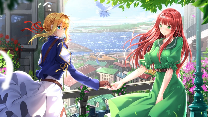 10s 2girls animal belt belt_buckle bird blonde_hair blue_eyes blue_jacket blue_sky blurry blurry_foreground blush braid breasts brown_belt brown_gloves buckle building closed_mouth cloud collarbone commentary_request day depth_of_field dress feathers flower flower_box gloves green_dress green_eyes hair_between_eyes hair_ribbon harbor head_tilt highres holding_hands horizon house jacket juliet_sleeves long_hair long_sleeves luculia_marlborough medium_breasts multiple_girls ocean outdoors parted_lips pink_flower puffy_short_sleeves puffy_sleeves railing red_flower red_hair red_ribbon ribbon short_sleeves sidelocks sky smile swordsouls very_long_hair violet_evergarden violet_evergarden_(series) white_dress white_feathers window