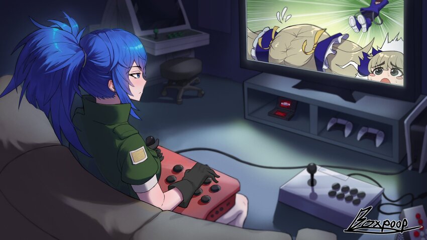 arcade arcade_cabinet black_gloves blue_eyes blue_hair chris_(kof) controller game_console gloves green_jacket highres jacket joystick leona_heidern mika_returna playing_games ponytail poopman short_sleeves signature sitting soldier television the_king_of_fighters the_king_of_fighters_xv under_night_in-birth video_game