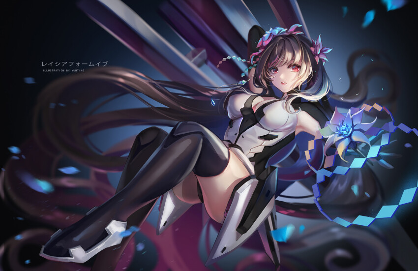 1girl arm_up armpit_cutout armpits ass beatless blonde_hair bodysuit breasts cleavage cleavage_cutout clothing_cutout cosplay dark_background destiny_child detached_sleeves eve_(destiny_child) floating_hair flower full_body glowing_flower hair_flower hair_ornament high_heels highres lacia_(beatless) lalazyt legs_up long_hair lying on_back parted_lips petals red_eyes sleeveless sleeveless_bodysuit thighhighs thighs very_long_hair