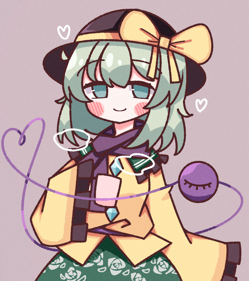 1girl absurdres black_hat blush blush_stickers bow buttons cup diamond_button floral_print frilled_shirt_collar frilled_sleeves frills green_eyes green_hair green_skirt hat hat_bow heart heart_of_string highres holding holding_cup komeiji_koishi light_green_hair long_sleeves looking_at_viewer medium_hair mug purple_scarf rose_print scarf shirt simple_background skirt sleeves_past_wrists smile solo standing third_eye touhou waroemon yellow_bow yellow_shirt
