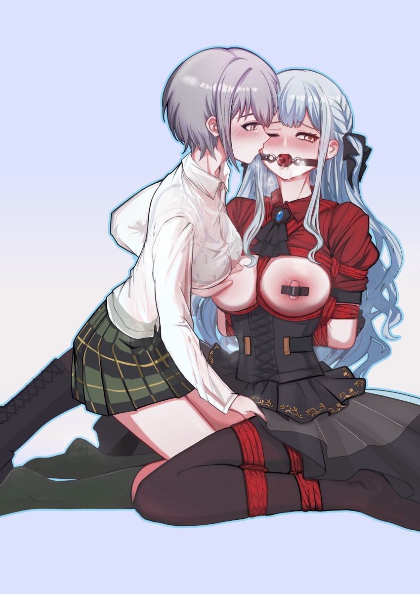 1girl 2girls absurdres arms_behind_back ascot ball_gag bang_dream! bang_dream!_it&#039;s_mygo!!!!! bdsm black_ascot black_boots black_bow black_coat black_pantyhose black_ribbon blue_background blush bondage boots bound bound_ankles bound_arms bound_legs bow bra_visible_through_clothes breasts breasts_out chinese_commentary coat commentary_request gag green_skirt grey_hair hair_ribbon haneoka_school_uniform highres kneehighs multiple_girls nipple_stimulation no_bra no_shoes oblivionis_(bang_dream!) one_eye_closed open_mouth pantyhose penguin_print plaid_clothes plaid_skirt pleated_skirt red_shirt remote_control_vibrator restrained ribbon rope saliva school_uniform sex_toy shibari shibari_over_clothes shirt short_hair sidelocks simple_background single_boot sitting skirt socks takamatsu_tomori togawa_sakiko turtleheart5 vibrator vibrator_on_nipple white_shirt yellow_eyes yuri