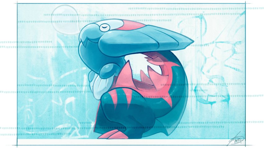 blue_background border claws closed_eyes closed_mouth commentary_request dracovish from_side full_body gen_8_pokemon nintendo no_humans nose_bubble pokemon pokemon_(creature) sleeping solo standing warabimoti168 white_border