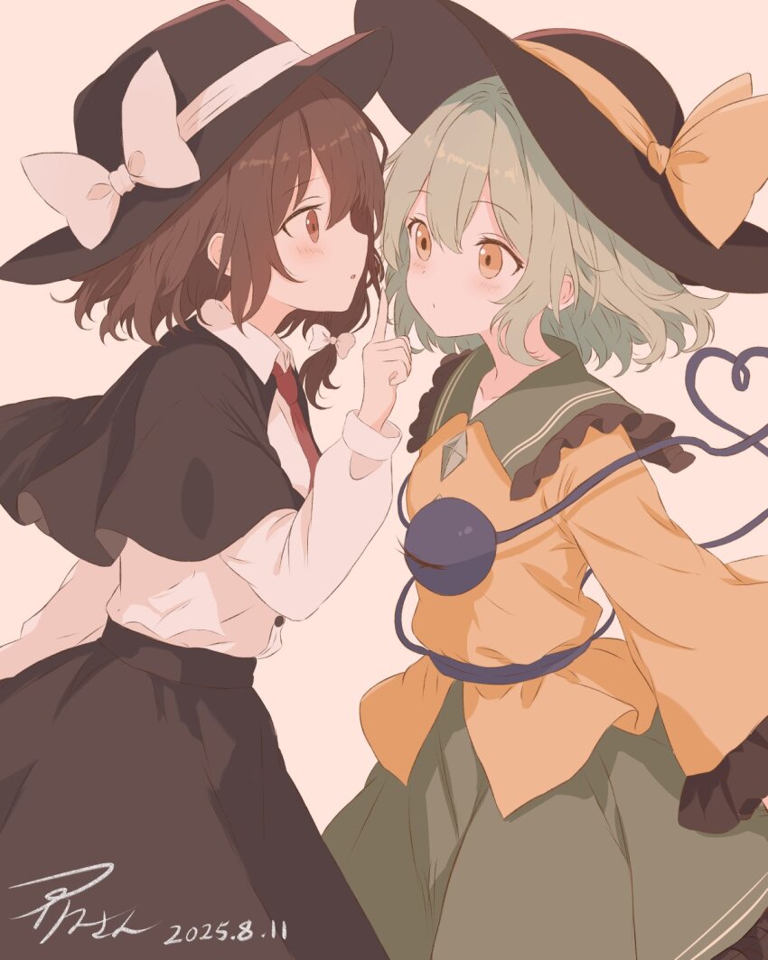 2girls black_capelet black_hat black_skirt bow brown_eyes brown_hair buttons capelet collar collared_shirt commentary_request cowboy_shot dated diamond_button dress_shirt frilled_collar frilled_skirt frilled_sleeves frills from_side green_hair green_skirt hair_bow hat hat_bow heart heart_of_string highres index_finger_raised iris-san komeiji_koishi light_blush looking_at_another medium_hair multiple_girls necktie red_necktie shirt shirt_tucked_in signature simple_background skirt third_eye touhou usami_renko white_background white_bow white_shirt yellow_bow yellow_eyes yellow_shirt