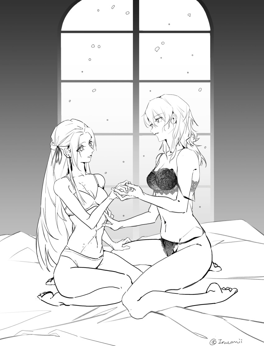 2girls absurdres barefoot bra breasts chinese_commentary commentary_request edelgard_von_hresvelg female_byleth_(fire_emblem) fire_emblem fire_emblem:_three_houses greyscale hand_on_another&#039;s_thigh highres holding_hands long_hair medium_breasts mo_(ine_mao) monochrome multiple_girls nintendo panties parted_lips scar scar_on_chest scar_on_stomach seiza sitting small_breasts strap_slip twitter_username underwear window yuri