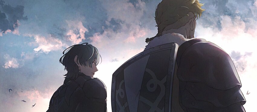 2boys animal armor bird black_armor blonde_hair blue_eyes male_byleth_(fire_emblem) closed_mouth cloud cloudy_sky commentary_request father_and_son fire_emblem fire_emblem:_three_houses from_behind fur_trim green_hair hair_between_eyes highres jeralt_reus_eisner looking_at_another looking_to_the_side male_focus multiple_boys nintendo orange_tabard pauldrons rattail shield short_hair shoulder_armor sky smile tabard un_faro upper_body white_fur