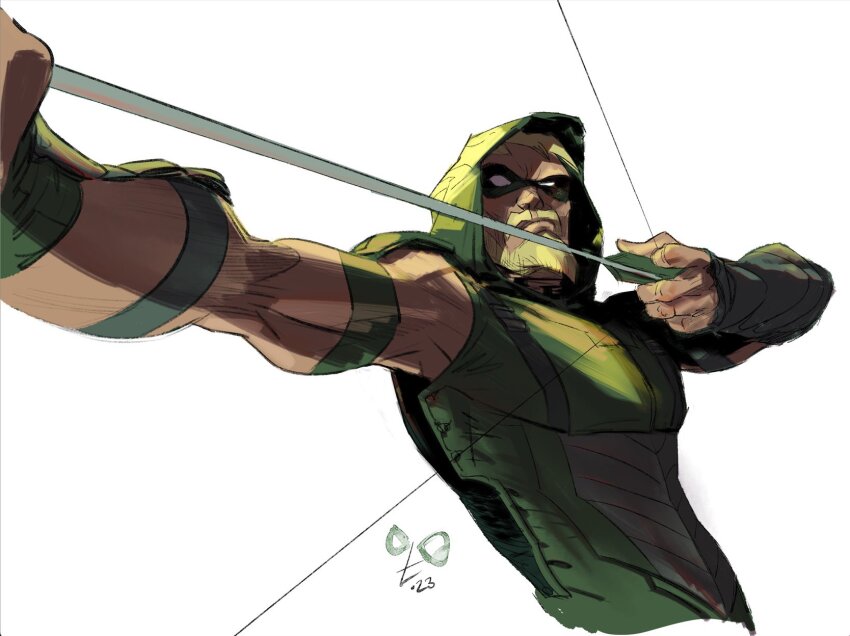 1boy beard blonde_facial_hair blonde_hair bow_(weapon) dc_comics domino_mask drawing_bow facial_hair green_arrow green_arrow_(series) green_hood green_mask highres holding holding_bow_(weapon) holding_weapon mask oliver_queen simple_background solo tirso_cons upper_body weapon white_background