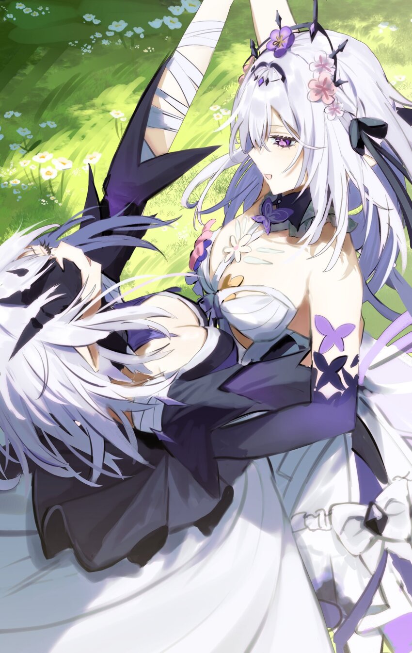 2girls bare_shoulders black_tiara breasts castorice_(honkai:_star_rail) character_request cleavage commentary_request dancing dress flower grass hair_flower hair_ornament hand_on_another&#039;s_back highres honkai:_star_rail honkai_(series) large_breasts multiple_girls outdoors pointy_ears purple_eyes purple_hair siblings sio_0405 sisters tiara twins white_dress