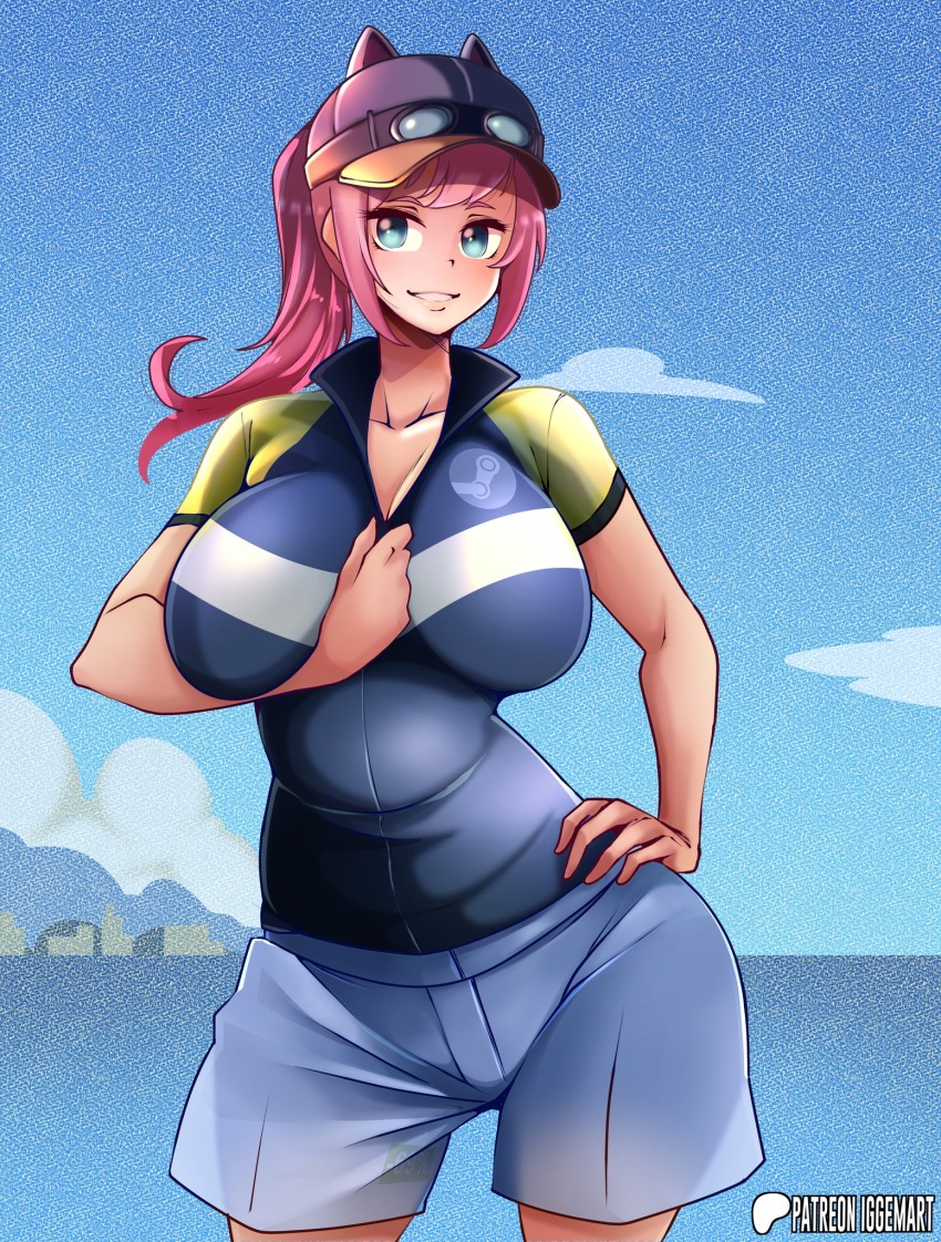 1girl artist_name blue_eyes blue_sky breasts day film_grain goggles goggles_on_head hand_on_own_chest hand_on_own_hip hat iggemart large_breasts looking_at_viewer ocean pink_hair ponytail shirt shorts sky smile steam_(platform) steam_delivery_girl t-shirt water
