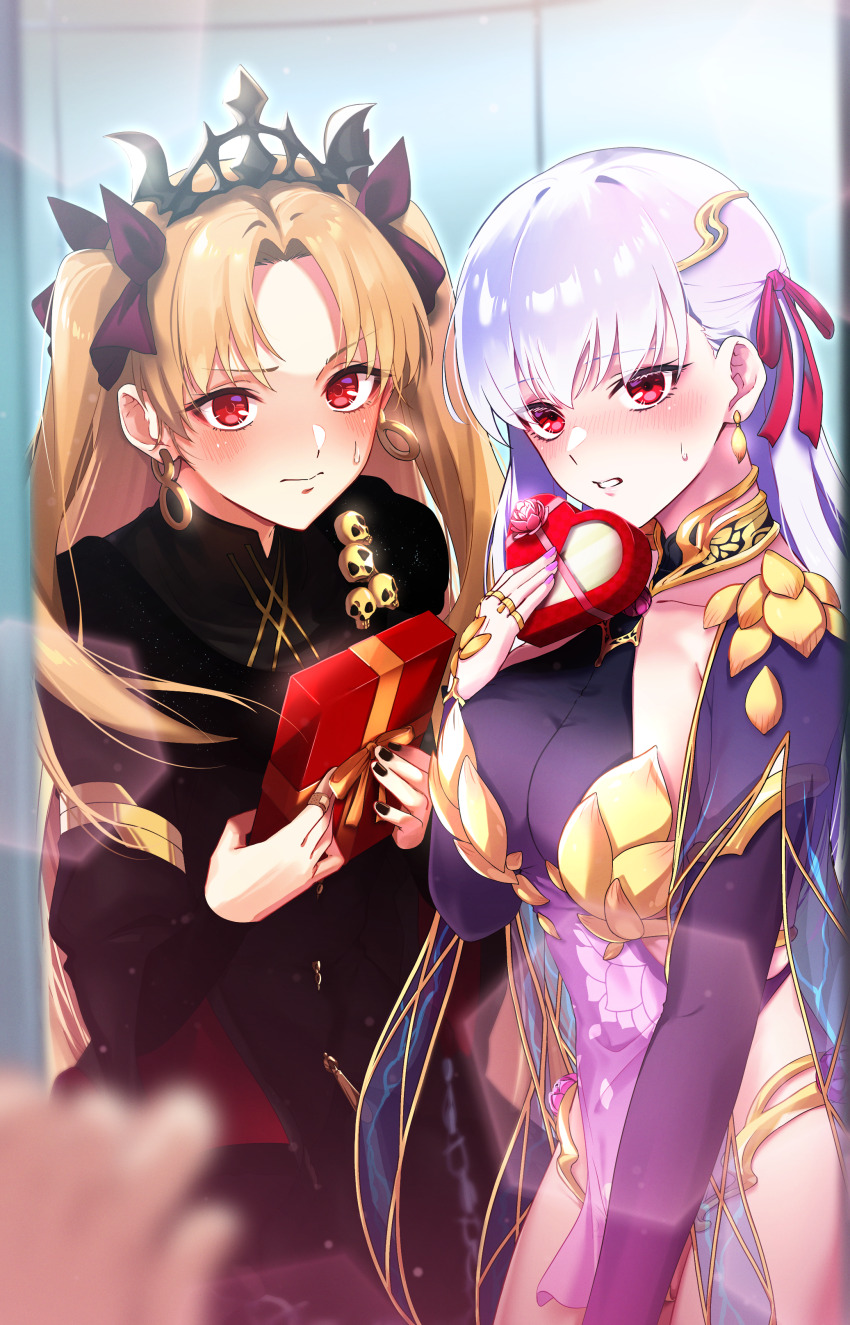 1other 2girls absurdres armor bikini_armor black_dress black_tiara blonde_hair blush box breasts cleavage commentary commentary_request commission dress earrings english_commentary ereshkigal_(fate) ereshkigal_(third_ascension)_(fate) fate/grand_order fate_(series) fog gift heart-shaped_box highres holding holding_gift jewelry kama_(fate) kama_(second_ascension)_(fate) kpaoi large_breasts long_hair looking_at_viewer mixed-language_commentary multiple_girls parted_lips pov purple_hair red_eyes revealing_clothes see-through_cleavage see-through_clothes skeb_commission sweatdrop tiara twintails twitter_username very_long_hair