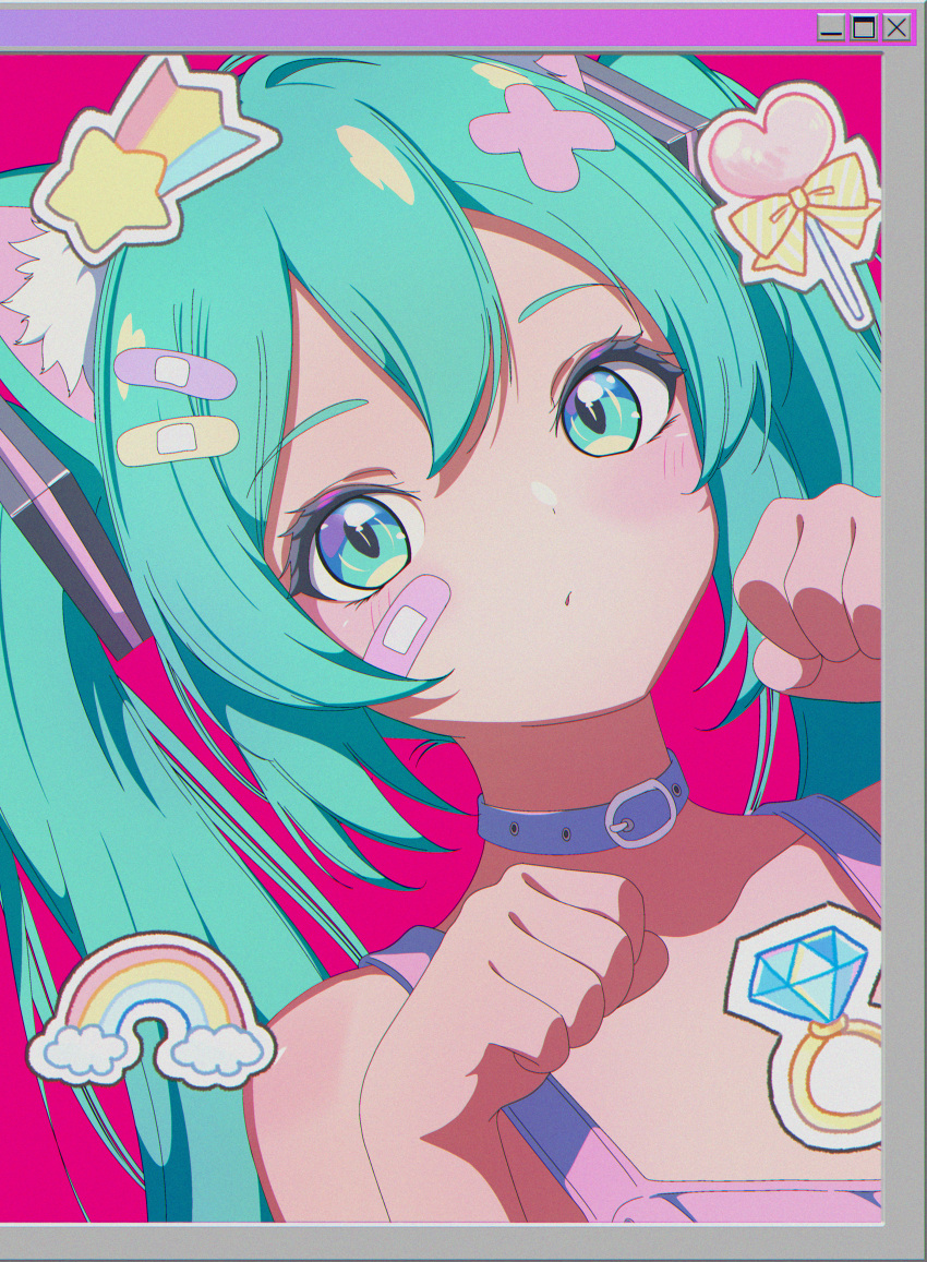 1girl absurdres animal_ear_fluff animal_ears aqua_eyes aqua_hair bandaid bandaid_on_face bandaid_on_hair bare_shoulders blue_choker blush cat_ears choker collarbone gradient_eyes hatsune_miku highres long_hair looking_at_viewer multicolored_eyes nbnyannyan overalls parody paw_pose pink_overalls portrait rainbow_print red_background simple_background solo sticker style_parody twintails vocaloid window_(computing)