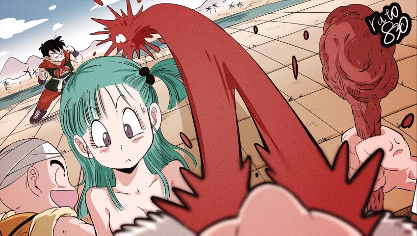 1girl 3boys anger_vein animal_ears aroused_nosebleed bandaged_head bandages black_eyes blood breasts bulma clenched_teeth commentary_request convenient_censoring dragon_ball dragon_ball_(classic) fighting_stance frown green_hair hair_bobbles hair_ornament highres holding holding_staff kuririn medium_breasts multiple_boys muten_roushi neckerchief nosebleed nude official_alternate_hair_length official_alternate_hairstyle one_eye_closed one_side_up pov red_neckerchief ruto830 signature smile staff suke-san sweatdrop teeth yamcha